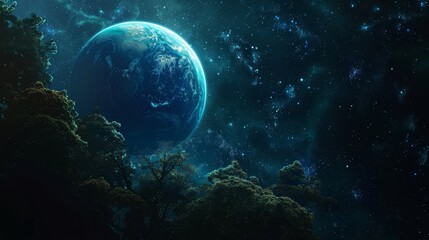 A blue marble planet with a moon hangs in the vast darkness of space, dotted by countless stars