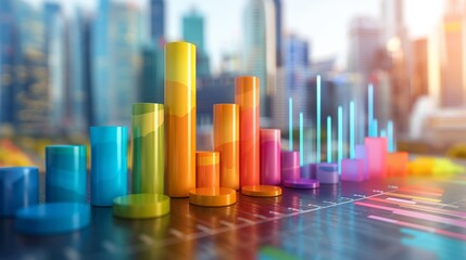 Blue 3D bar chart illustrating financial growth in a city with skyscrapers