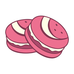 Strawberry cookies with filling, pink berry cookies and cream filling, logo or icon, on white background.