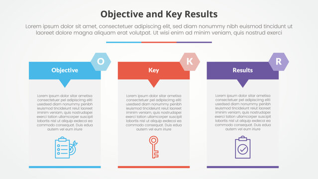 OKR objectives and key results framework infographic concept for slide presentation with big table arrow header badge with 3 point list with flat style