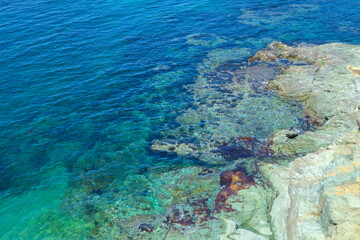 A rocky cliff with a moss-covered surface overlooks a vast blue ocean.