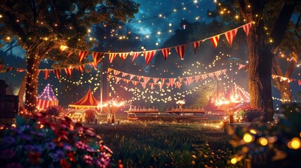 Magical night carnival scene decorated with lights and bunting, featuring rides and tents under a starry sky in a lush garden setting.