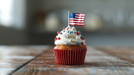 A delicious cupcake with American flag and sprinkles on wooden table, perfect for patriotic celebrations and holidays.