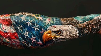 Detailed eagle tattoo on arm with American flag background, symbolizing patriotism and strength, against a dark backdrop.