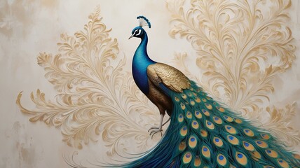 A resplendent royal volumetric peacock decorated with shimmering gold accents on a plaster wall.