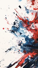 Dynamic abstract painting with vibrant splashes of blue, red, and white, creating a chaotic yet captivating visual explosion on canvas.