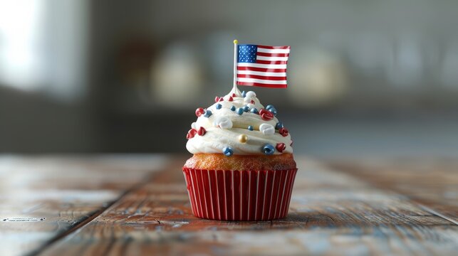 A delicious cupcake with American flag and sprinkles on wooden table, perfect for patriotic celebrations and holidays.