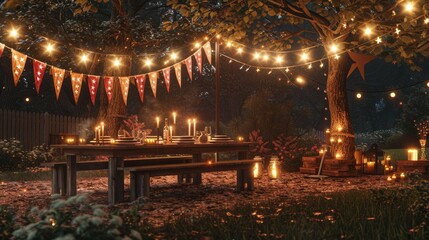 Obraz premium Enchanting outdoor evening garden party with string lights, candles, and rustic decorations. Perfect ambiance for celebrations and gatherings.