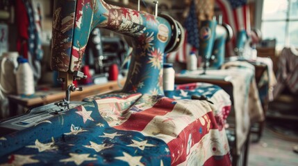 Vintage sewing machines featuring American flag fabric, illustrating patriotic handmade craftsmanship in a retro workshop.