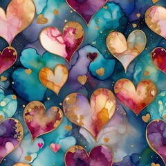 Dreamy alcohol ink and sparkling hearts, an enchanting image of swirling colors and sparkling hearts.