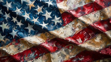 Abstract painting of the American flag, showcasing the red, white, and blue stars and stripes with vibrant, textured brush strokes.