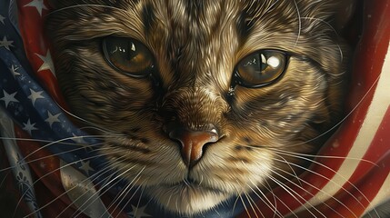 Close-up of a cat wrapped in an American flag, showcasing its beautiful eyes and fur detail, symbolizing patriotism and feline grace.