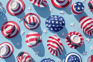 Top view of red, white, and blue patriotic hats with stars and stripes pattern on a light blue background, celebrating national pride.