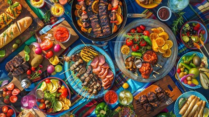 Fototapeta premium A vibrant and colorful picnic setup with an assortment of grilled meats, fresh fruits, vegetables, salads, and beverages laid out on a checkered blanket.
