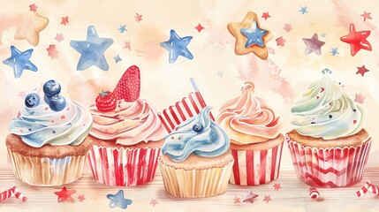 Watercolor painting of festive cupcakes with colorful frosting and decorations, perfect for celebrations and patriotic events.