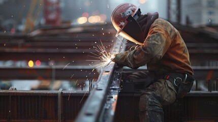 Welder man, a worker welding steel construction frames, wearing a safety helmet, welding electrode sparks.