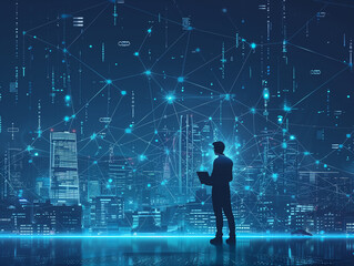 Big data, digital technology, internet network connection, futristic technology background. Man using mibile phobe and laptop and smart city