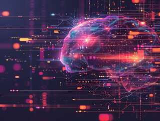 Big data technology and data science illustration. Data flow concept. Querying, analysing, visualizing complex information. Neural network for artificial intelligence. Data mining. Business analytics