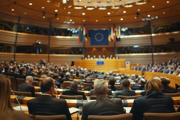 Bustling international conference with U.S. and EU representatives discussing important issues.