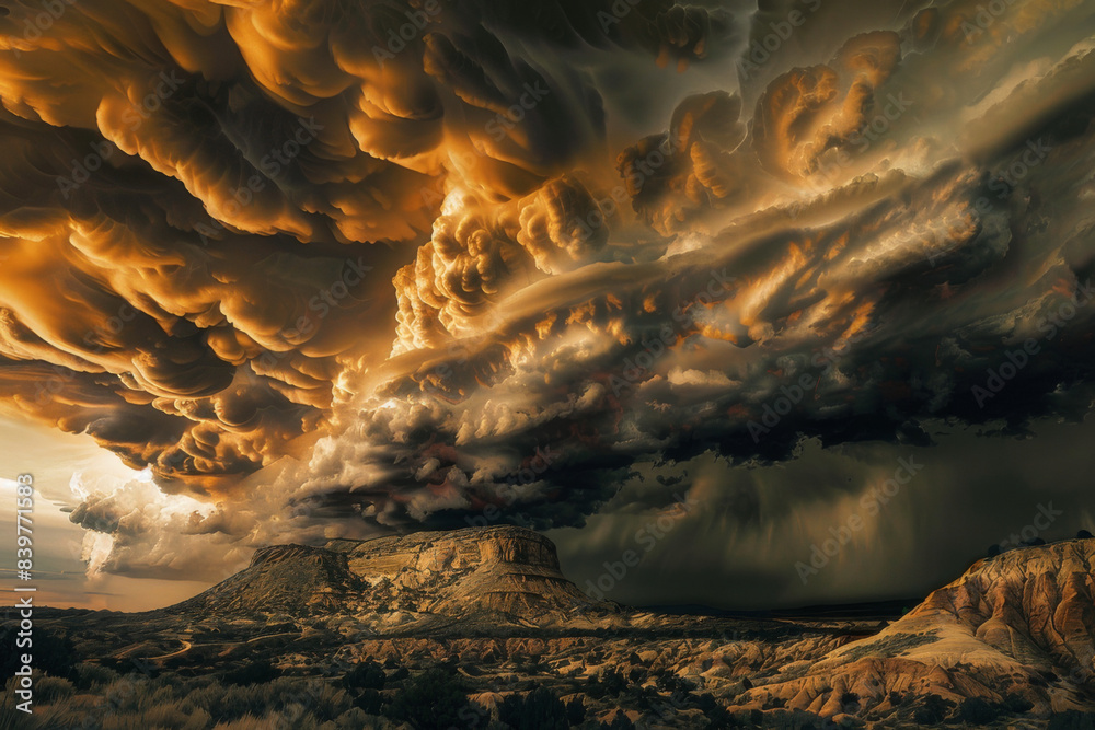 Wall mural an image showcasing the dramatic and ominous buildup of storm clouds, emphasizing the contrast betwe