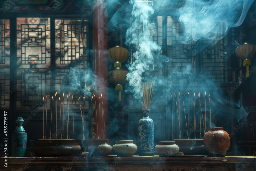 Canvas Prints an image showcasing the gentle rise of smoke from incense sticks in a tranquil, spiritual setting - 