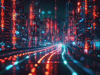 Obraz premium abstract highway path through digital binary towers in city. Concept of big data, machine learning, artificial intelligence, hyper loop, virtual reality, high speed network