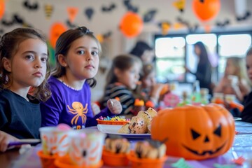 Fototapeta premium Children's Halloween party with games and treats, decorated with pumpkins and lanterns.