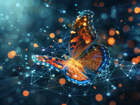 Abstract Business digital transformation innovative of butterfly life cycle evolution blue background. Renewal and Powerful transformation metamorphosis concept. Lightness of being and playfulness