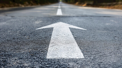 Fototapeta premium An asphalt road stretches into the distance with a painted white arrow pointing forward, symbolizing motivation, progress, and the concept of continuous growth and forward movement