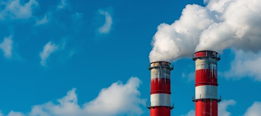 Energy plant with smoke rising over green fields at sunset, illustrating global climate change.