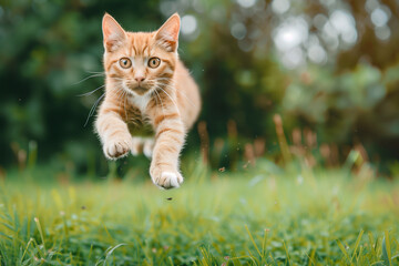 Gattino rosso cucciolo che salta e corre felice in un prato verde