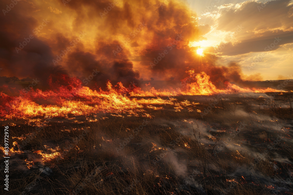 Wall mural an image showcasing the intense and destructive power of a wildfire, emphasizing the vastness of the