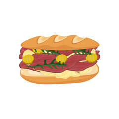 Vector illustration logo Clip art Baguette sandwich Pastrami isolated