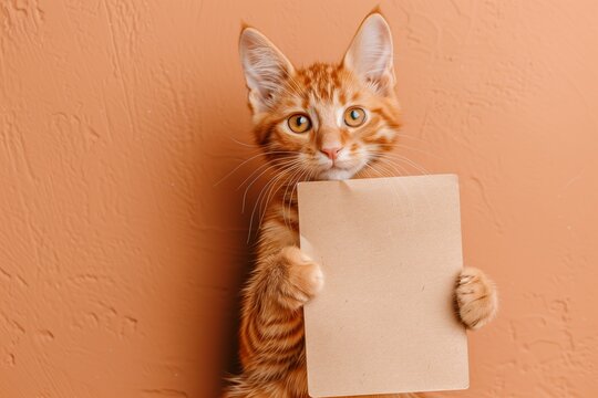 Cute orange tabby kitten with expressive eyes holding a blank sign against an orange background. Perfect for adding personalized text or messages.