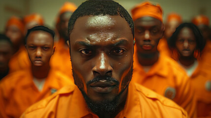 Black man wearing orange prison clothes with angry stare expression, little open mouth speaking, police in the back,generative ai