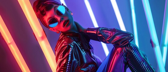 Drag queen in a futuristic outfit, scifi themed background, LGBTQ future, striking a powerful pose, futuristic drag queen, scifi pride event