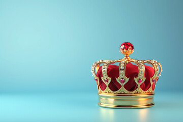Corona reale di principe o principessa con diamanti rossi rubini preziosi su sfondo neutro azzurro chiaro