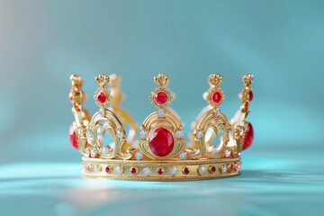 Corona reale di principe o principessa con diamanti rossi rubini preziosi su sfondo neutro azzurro chiaro
