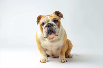 Obraz premium A cute English Bulldog sitting on a white background, looking directly at the camera. The dog has a wrinkled face and a stocky build.