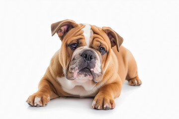 A cute English Bulldog sitting on a white background, looking directly at the camera. The dog has a wrinkled face and a stocky build.