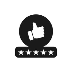 Thumbs up with five stars. Good review icon flat style isolated on white background. Vector illustration