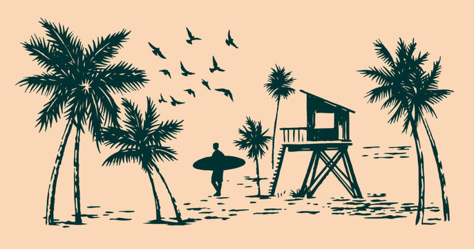 Hand-drawn illustration of a beach landscape with a surfer silhouette, coconut trees and a lifeguard station.