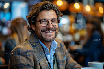 Fototapeta premium Happy male entrepreneur discussing with delegates while having coffee at convention center generative ai