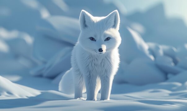Arctic fox pup flat design front view snow animation vivid