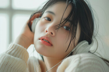 Fototapeta premium Young beautiful Asian woman with headphones. 