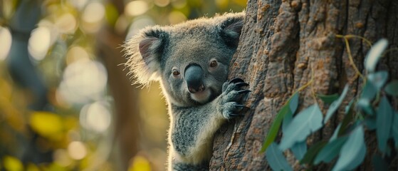 Koala Hugging Eucalyptus Tree in Australian Wildlife