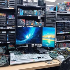 Fototapeta premium AI Generative image of Office desk setup with dual monitors and circuit boards on shelves in the background
