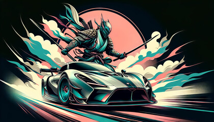 futuristic sports car racing under a radiant neon sky, with bright, glowing rays and pink clouds. Perfect for use in flyers, splash backgrounds, and promotional materials.