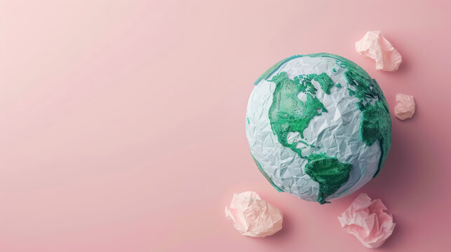paper mache Earth globe with crumpled paper on a soft pink background, with copy space for text