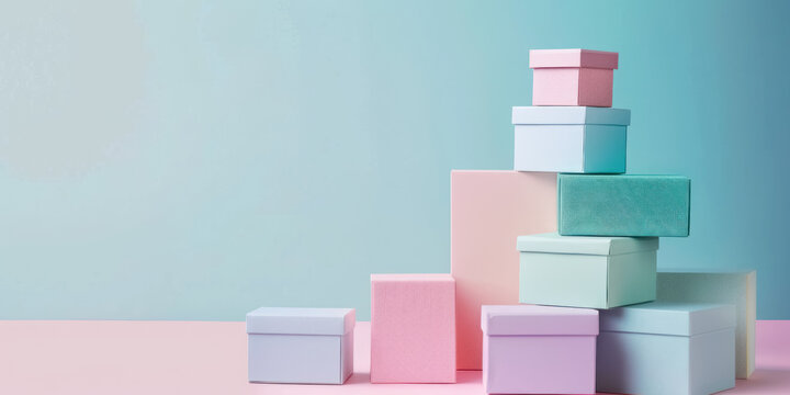 stack of pastel colored gift boxes on a soft pink and blue background, with copy space for text